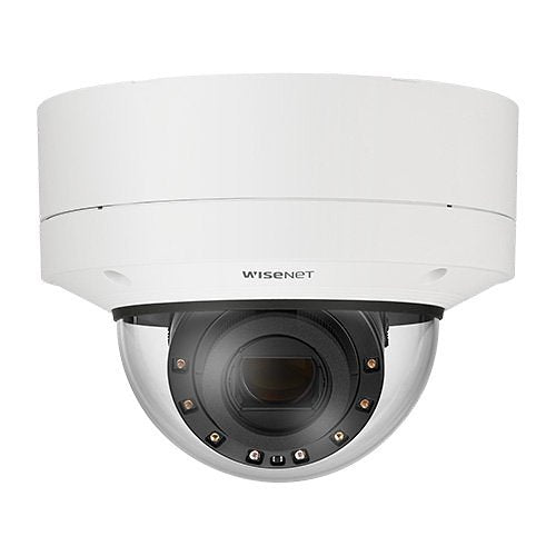 Hanwha XNV-6123R 2MP 5.2-62.4mm IR 90M Outdoor Vandaal Dome AI Camera Vooraanzicht 
